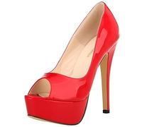 QIANKUN - Tacones de plataforma de punta abierta para mujer, súper altos, de piel sintética, zapatos de tacón alto rojos para boda, estilo estileto - Rojo, 38
