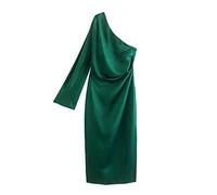 QIANKUN Vestido asimétrico amarillo elegante para mujer con una manga elegante vestido midi de verano con hombros expuestos túnica larga elegante dama-verde, S