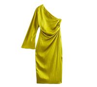 QIANKUN Vestido asimétrico amarillo elegante para mujer con una manga elegante vestido midi de verano con hombros expuestos túnica larga elegante señora-amarillo, S