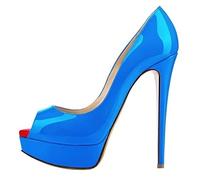 QIANKUN - Zapatos de tacón alto de plataforma con punta abierta para mujer, de cuero patentado, súper altos, elegantes, zapatos de tacón para boda, color rojo y azul cielo, talla 39