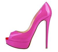 QIANKUN - Zapatos de tacón alto de plataforma con punta abierta para mujer, de cuero patentado, tacones súper altos, zapatos de boda estilo estileto, color rojo-púrpura, talla 41