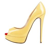 QIANKUN - Zapatos de tacón alto de plataforma con punta abierta para mujer, de cuero patentado, tacones súper altos, zapatos de boda estilo estileto, rojos y amarillos, talla 39