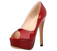 QIANKUN - Zapatos de tacón alto de plataforma con punta abierta para mujer, de piel patentada, tacones súper altos, zapatos de boda estilo estileto - Rojo vino, 37