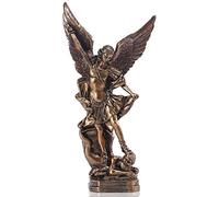 QIANLING Figura del Arcángel San Miguel de 31.5 cm - Estatua de Resina con Acabado Bronceado - San Miguel Arcángel Derrotando a Satanás - Decoración Religiosa o Coleccionismo Interior
