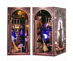 QIANLING Magic Wizard Cat - Kit de rincón de libros 3D, kit de casa de muñecas en miniatura para adultos y adolescentes, rompecabezas de madera 3D, sujetalibros, decoración de estantería, mini casa