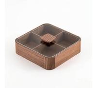 Qianly Caja con Tapa Vidrio Transparente Caja Aperitivos con Tapa Vidrio Práctico Banja Servir Compartimentos para Salón, Caja De Fruta De Esquina Redonda De Nogal Negro Madera Maciza