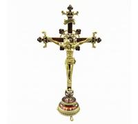 Qianly Crucifijo Mesa Antiguo coración Estilo Vintage Ornamentado, Mesa con Peana, Diseño Religioso Tradicional, Crucifijo con Incrustaciones Rojas, Estilo A