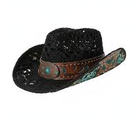Qianly Sombrero Vaquero de Paja Mantiene la Forma Sombrero Vaquero Perforado Correa Decorativa Sombrerería para Exterior, Negro