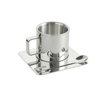 Qianly Taza de Café Taza Platillo Cuchara Recipiente para Bebidas de Metal Pulido con Superficie Espejo con Asa Rectangular y Platillo Cuadrado Adecuada para Desayuno Escritorio, 300ml