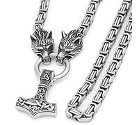 Qiaonitu Collar de hombre con diseño de lobo celta nórdico, martillo de Thor, cabeza de lobo vikingo, colgante de acero inoxidable, amuleto bizantino escandinavo, 70 cm, Acero inoxidable, No es una