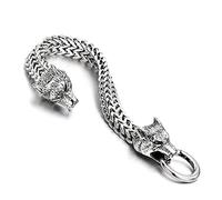 Qiaonitu Cyclist - Pulsera de cadena de eslabones de cabeza de lobo vikinga de acero inoxidable para hombre, joyería hiphop con cierre de resorte (plata, 23)