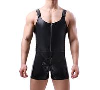 QiaTi Hombres pantalones cortos sin mangas con cremallera, mallas de cuero sintético, mono con 2 bolsillos para club de caballeros, 2#negro, M
