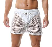 QiaTi Pantalones cortos de malla para hombre, diseño de rayas, para viajes, playa, playa, Color blanco., L