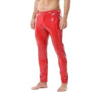 QiaTi Pantalones de piel sintética para hombre, informales, elásticos, de piel sintética, color rojo, pierna recta, ajustados, pantalones largos para moto, club nocturno, pantalones largos