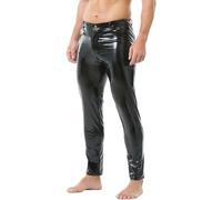QiaTi Pantalones de piel sintética para hombre, informales, elásticos, de piel sintética, pierna recta, ajustados, pantalones largos para motociclismo, club nocturno, pantalones largos, 2#negro, L