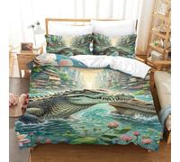 QIAVXZIP 3D Impreso cocodrilo Hiding in Mangroves 3 Piezas Juego De Funda Edredon Animales 2 Fundas De Almohada Novedad con Cremallera Hipoalergénica para Niños Y Adolescentes Single（140x200cm）