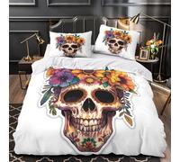 QIAVXZIP Arte Floral de Calaveras Impresión 3D 3 Piezas cubrecama Estilo del Día de Muertos Funda de edredón Microfibra Transpirable antiácaros para Chicos bebés Mujeres Single (135x200cm)