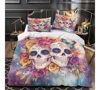 QIAVXZIP Calaveras del Día de Muertos Impresión 3D 3 Piezas cubrecama Estilo de Arte Floral Vibrante Funda de colchón Microfibra morbida antiácaros para bebés Chicos Mujeres Super King（260x220cm）