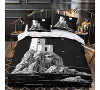 QIAVXZIP Castillo Medieval Impresión 3D 3 Piezas Funda de colchón ilustración en Blanco y Negro Funda de edredón Microfibra Cierre Cremallera antiácaros para Chicos Hombres Adultos Single（140x200cm）