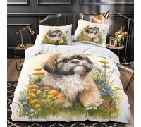 QIAVXZIP Lindo Shih Tzu Impresión 3D 3 Piezas Funda de edredón Ilustración de jardín Floral Funda de colchón Microfibra Cierre Cremallera antiácaros para bebés Adolescentes Mujeres Single（140x200cm）