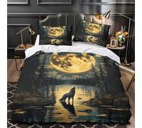 QIAVXZIP Noche de Luna Llena Impresión 3D 3 Piezas Funda de colchón Arte del aullido del Lobo del Bosque Funda de edredón Microfibra morbida Transpirable para Chicos bebés Adultos Single（140x200cm）