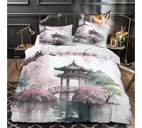 QIAVXZIP pabellón de los cerezos en Flor Impresión 3D 3 Piezas Funda de edredón Funda de colchón Microfibra hipoalergénica Cierre Cremallera para Adolescentes Hombres Mujeres Super King（260x220cm）