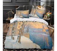 QIAVXZIP Paisaje Invernal Impresión 3D 3 Piezas Funda de edredón Escena de Pueblo Europeo cubrecama Microfibra hipoalergénica Transpirable para Chicos Chicas Hombres Single（140x200cm）