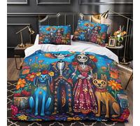 QIAVXZIP Pareja de Esqueletos Impresión 3D 3 Piezas Funda de colchón Estilo artístico del Día de Muertos Funda de edredón Microfibra morbida Transpirable para bebés Hombres Adultos Double（200x200cm）