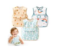 Qibivfo Pack de 3 Baberos Bebé Impermeables, Babero Infantil Sin Mangas con Bolsillo Recogedor, Babero Plástico Suave Fácil de Limpiar para Comer, Pintar y Jugar, Baberos Niños 2-4 Años