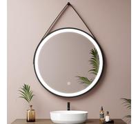 QICBYING Espejo De Baño con Iluminación LED, Espejos De Vanidad Montados En Pared, Regulable En 3 Tonos De Luz, Espejo De Pared Redondo De Metal con Correa De Cuero(Anti-Fog+3-Color Dimmable,60cm)