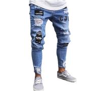 Qichenx Pantalones Vaqueros Hombres Rotos Slim Fit Skinny Pantalone Casuales Elasticos Agujero Pantalón Personalidad Jeans de Insignia (XL, 1 Azul)