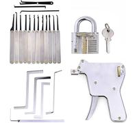 QiDAi Kit de entrenamiento de púa 4 en 1, cerradura transparente con pistola de cerradura, llave de tensión, 15 ganchos de ganzúa, juego de mejores prácticas para principiantes