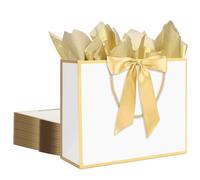 QIELSER 12 bolsas de regalo blancas con asas de 12.5 x 4.5 x 10 pulgadas, bolsas de papel grandes con cinta de lazo y bolsas de papel de seda para regalo de cumpleaños, dama de honor, boda, baby