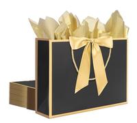 QIELSER 12 bolsas de regalo negras con asas de 12.5 x 4.5 x 10 pulgadas, bolsas de papel grandes con cinta de lazo y bolsas de papel de seda para regalo de cumpleaños, dama de honor, boda, baby