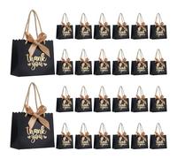 QIELSER Paquete de 50 bolsas pequeñas de regalo de agradecimiento con asas, mini bolsas negras de regalo de fiesta de 5.5 x 2.5 x 4.7 pulgadas, mini bolsas de regalo a granel con cinta de lazo para el