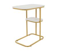 QIERF Mesa auxiliar en forma de C de 2 niveles, mesa auxiliar, cama, 50 x 30 x 58 cm, capacidad de carga de 20 kg, para salón, oficina, cafetería, portátil, aperitivos (dorado, blanco)