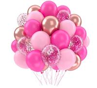 QIFU Globos rosas de cumpleaños, 52 globos rosa intenso, globos metálicos rosa claro con confeti morado para niñas, decoraciones de fiesta de cumpleaños, boda, baby shower, niñas, princesa, unicornio