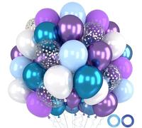 QIFU Set de globos, 52 globos para fiesta Frozen con globo azul, morado, blanco, globo con confeti lila y plateado metalizado para decoraciones de fiesta de cumpleaños con tema Frozen