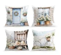 QiHon Fundas de Cojine 65x65 cm Juego de 4 Margarita Blanca Fundas Cojines Cuadradas Pastoral Funda Cojin Exterior Lino Funda para Cojines Decorativos para Jardín Sofá Salón Terraza Cama