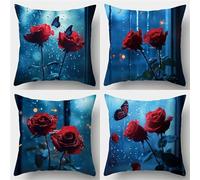 QiHon Juego de 4 Fundas Cojines 30x30 cm, Mariposa Rosas Rojas Funda Cojín Decorativa Modernas, Funda de Cojin Lino Cuadrado, Fundas para Cojines de Sofa para Sofá Cama Hogar Patio