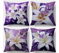 QiHon Juego de 4 Fundas Cojines 40x40 cm, Lirios Blancos Funda Cojín Decorativa Modernas, Funda de Cojin Lino Cuadrado, Fundas para Cojines de Sofa para Sofá Cama Hogar Patio