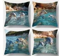 QiHon Juego de 4 Fundas Cojines 55x55 cm, Animales Delfines Funda Cojín Decorativa Modernas, Funda de Cojin Lino Cuadrado, Fundas para Cojines de Sofa para Sofá Cama Hogar Patio