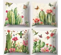 QiHon Juego de 4 Fundas Cojines 65x65 cm, Flores Mariposa Cactus Funda Cojín Decorativa Modernas, Funda de Cojin Lino Cuadrado, Fundas para Cojines de Sofa para Sofá Cama Hogar Patio
