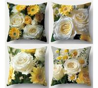 QiHon Juego de 4 Fundas Cojines 70x70 cm, Rosas Amarillas Blancas Funda Cojín Decorativa Modernas, Funda de Cojin Lino Cuadrado, Fundas para Cojines de Sofa para Sofá Cama Hogar Patio