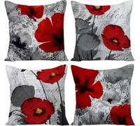 QiHon Juego de 4 Fundas de Cojín 60x60 cm Amapolas Rojas Lino Decorativo Funda de Cojíns Funda de Cojín Decorativo Cuadrado Gris Fundas Cojines Exterior Jardin para Patio Jardín Sofá Silla Cama