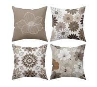 QiHon Juego de 4 Fundas de Cojín de Lino 30x30 cm, Flores Sencillas Marrones Fundas de Almohada Decorativas Modernas, Funda de Cojín Sofa Cuadrados para Exterior, Jardín, Patio y Salón