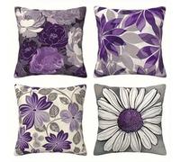 QiHon Juego de 4 Fundas de Cojín de Lino 35x35 cm Flores Púrpuras Abstractas Fundas de Almohada Cuadradas Decorativas Modernas con Cremallera Invisible para Sofá, Sala de Estar, Dormitorio y Sillas