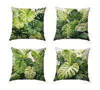 QiHon Juego de 4 Fundas de Cojín de Lino 35x35 cm Hojas Tropicales Verdes Fundas de Almohada Cuadradas Decorativas Modernas con Cremallera Invisible para Sofá, Sala de Estar, Dormitorio y Sillas