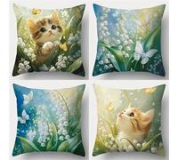 QiHon Juego de 4 Fundas de Cojín de Lino 35x35 cm Mariposa Flores Gato Fundas de Almohada Cuadradas Decorativas Modernas con Cremallera Invisible para Sofá, Sala de Estar, Dormitorio y Sillas