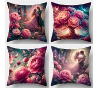 QiHon Juego de 4 Fundas de Cojín de Lino 35x35 cm, Pareja Flores Rosas Fundas de Almohada Decorativas Modernas, Funda de Cojín Sofa Cuadrados para Exterior, Jardín, Patio y Salón